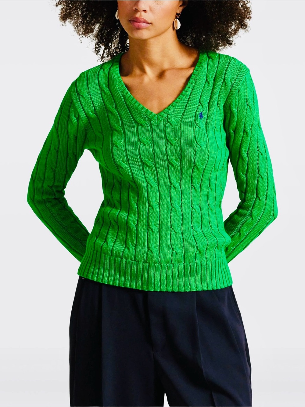 Ralph Lauren Green Cable-Knit Cotton V-Neck Sweater Preppy Women XS Tenniscore